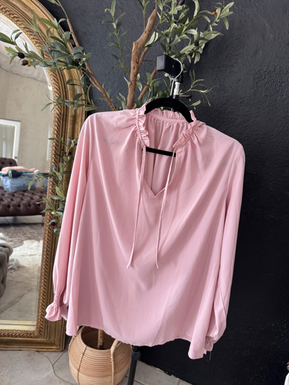 Women's Pink Ruffle-Neck Tie Blouse